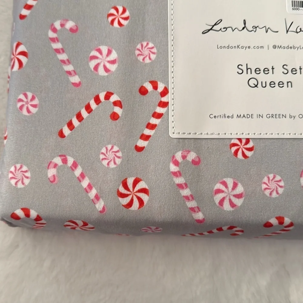 London Kaye Christmas candy cane Queen Sheet Set